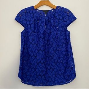 J CREW Bright Ocean Blue Lace Keyhole Neck Cap Sleeve Top Size 2